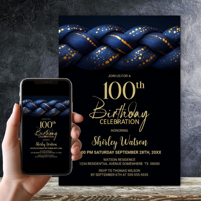 Invitación Fiesta de cumpleaños número 100 de Blue Gold Braid (Subido por el creador)