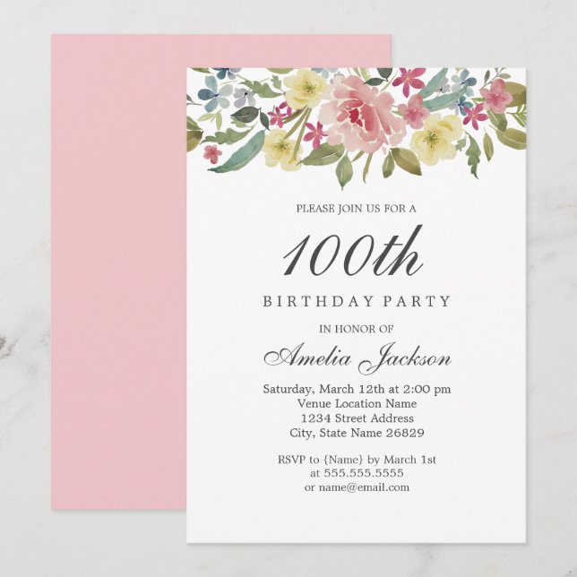 Invitación Fiesta de cumpleaños número 100 de Blush Botanical (Anverso / Reverso)