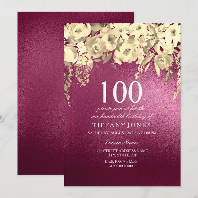 Invitación Fiesta de cumpleaños número 100 de Borgoña Rosa y  (Anverso / Reverso)