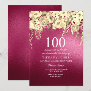 Invitación Fiesta de cumpleaños número 100 de Borgoña Rosa y 