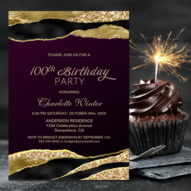 Invitación Fiesta de cumpleaños número 100 de Borgoña y Oro (Subido por el creador)