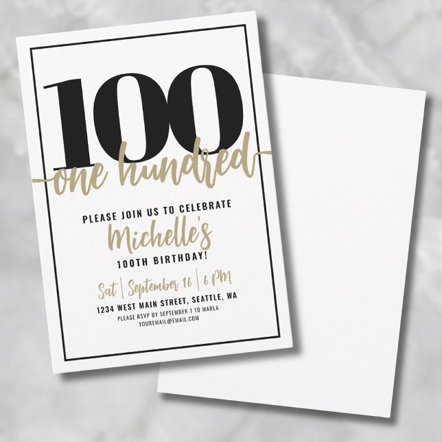 Invitación Fiesta de Cumpleaños número 100 de Caligrafía Dora (Modern 100th Birthday Party Invitation)