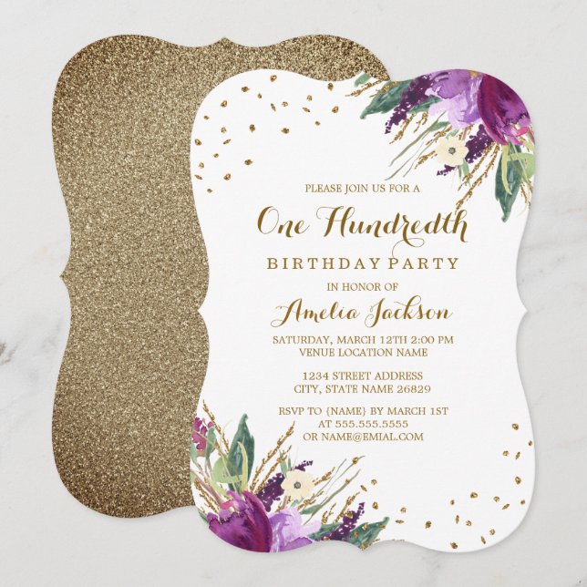Invitación Fiesta de cumpleaños número 100 de flor dorada púr (Anverso / Reverso)