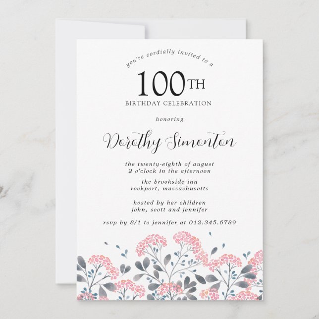 Invitación Fiesta de cumpleaños número 100 de Flor Rosada Rus (Anverso)