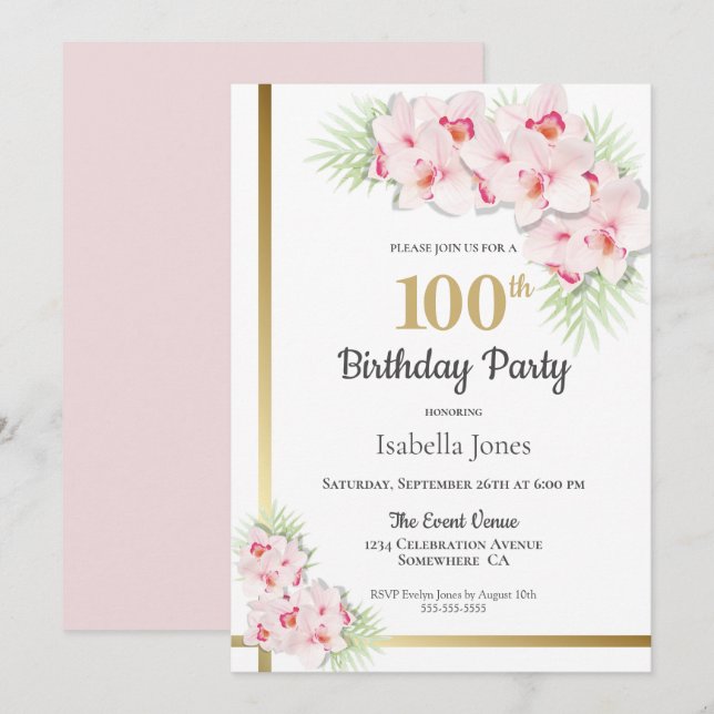 Invitación Fiesta de cumpleaños número 100 de Floral Rosa y O (Anverso / Reverso)