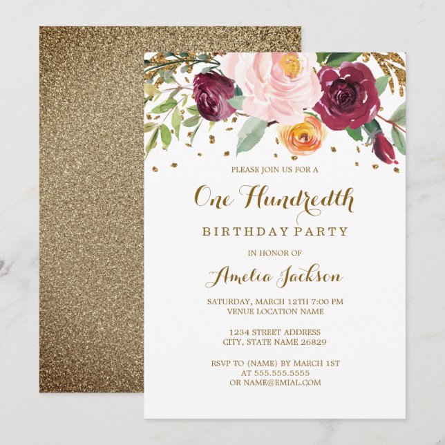 Invitación Fiesta de cumpleaños número 100 de flores purpura  (Anverso / Reverso)