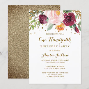 Invitación Fiesta de cumpleaños número 100 de flores purpura 