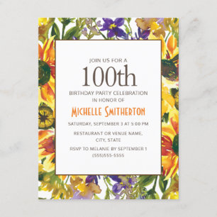 Invitación Fiesta de cumpleaños número 100 de girasoles amari