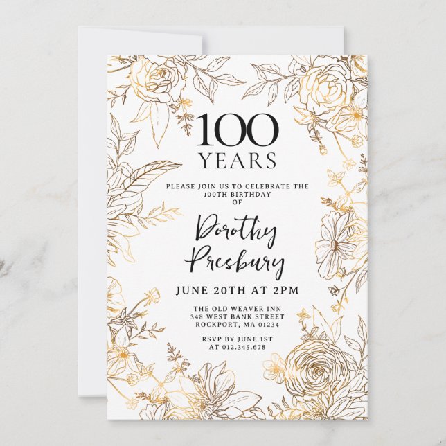 Invitación Fiesta de cumpleaños número 100 de Gold White Flor (Anverso)