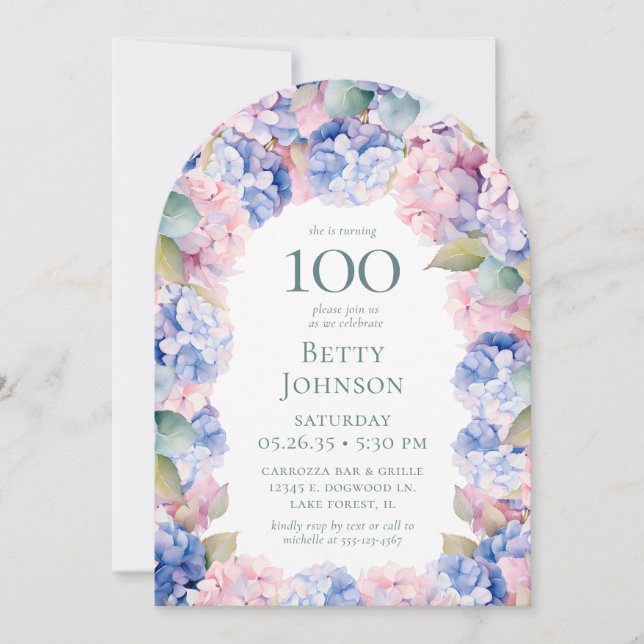 Invitación Fiesta de cumpleaños número 100 de Hortensias (Anverso)