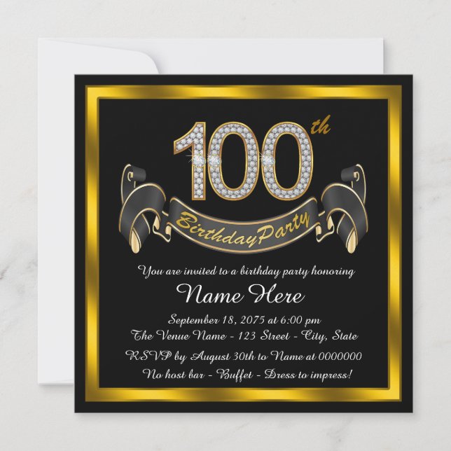 Invitación Fiesta de cumpleaños número 100 de Oro Negro (Anverso)