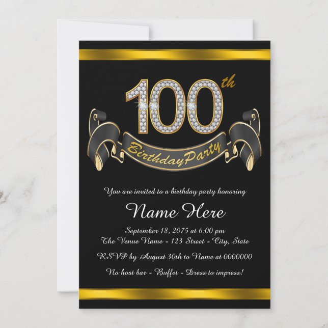 Invitación Fiesta de cumpleaños número 100 de Oro Negro (Anverso)