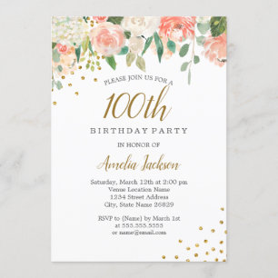 Invitación Fiesta de cumpleaños número 100 de Peach Gold Wate