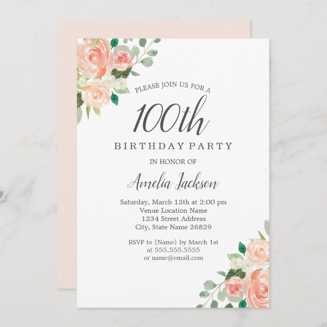 Invitación Fiesta de cumpleaños número 100 de Peach Rubor Wat (Anverso / Reverso)