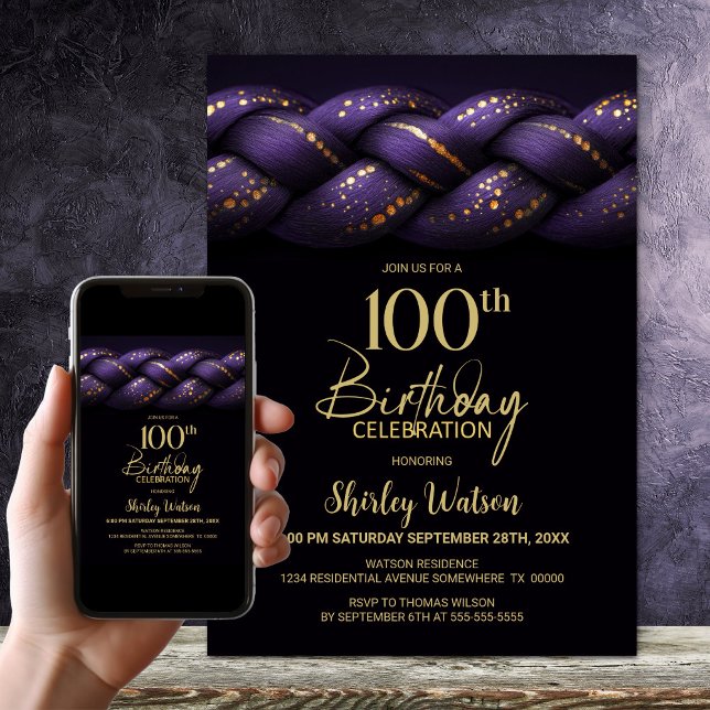 Invitación Fiesta de cumpleaños número 100 de Purple Gold Bra (Subido por el creador)