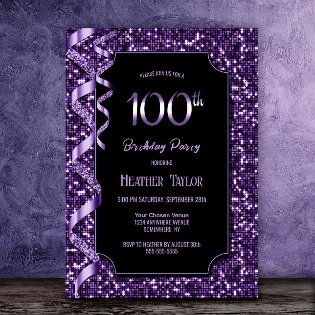 Invitación Fiesta de cumpleaños número 100 de Purple Sequins (Subido por el creador)