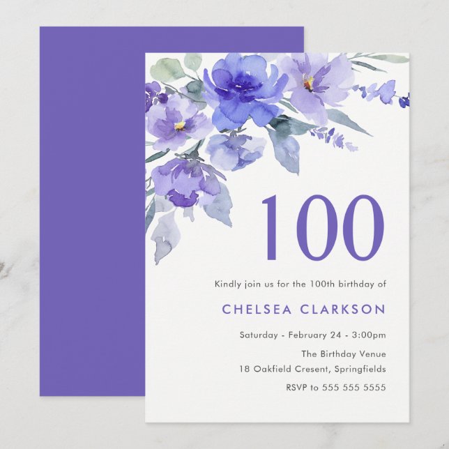 Invitación Fiesta de cumpleaños número 100 de violeta morada  (Anverso / Reverso)