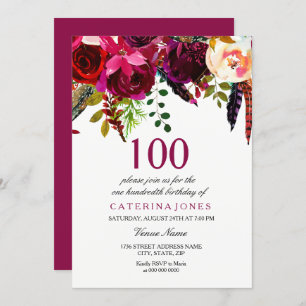 Invitación Fiesta de cumpleaños número 100 del Boho Rosado y