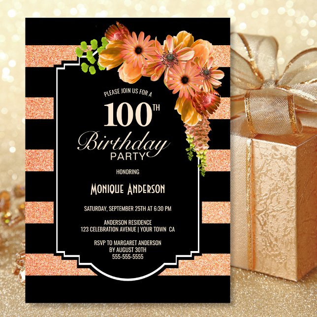 Invitación Fiesta de cumpleaños número 100 del naranja Floral (Subido por el creador)