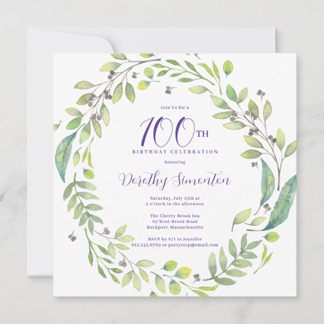 Invitación Fiesta de cumpleaños número 100 del Purple Botanic (Anverso)