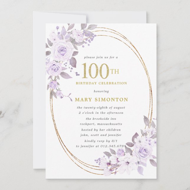 Invitación Fiesta de cumpleaños número 100 del Rosa morado de (Anverso)