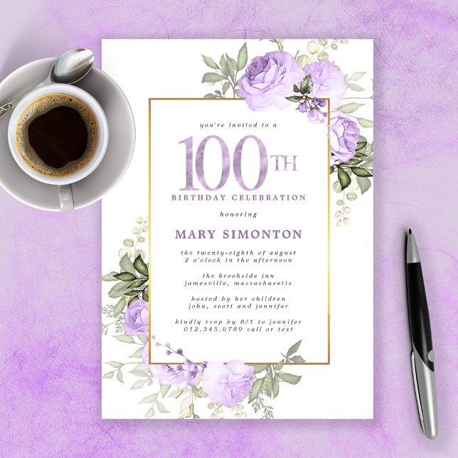 Invitación Fiesta de cumpleaños número 100 del Rosa morado Fl (Subido por el creador)
