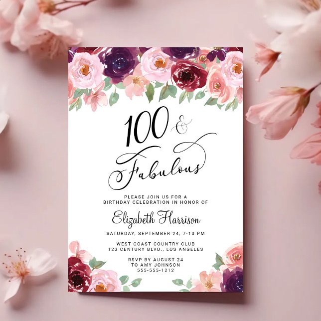 Invitación Fiesta de cumpleaños número 100 Elegante Floral (100 & Fabulous: Toast to a Life Well Celebrated!)