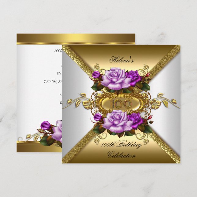 Invitación Fiesta de cumpleaños número 100 Elegantes Rosas Mo (Anverso / Reverso)
