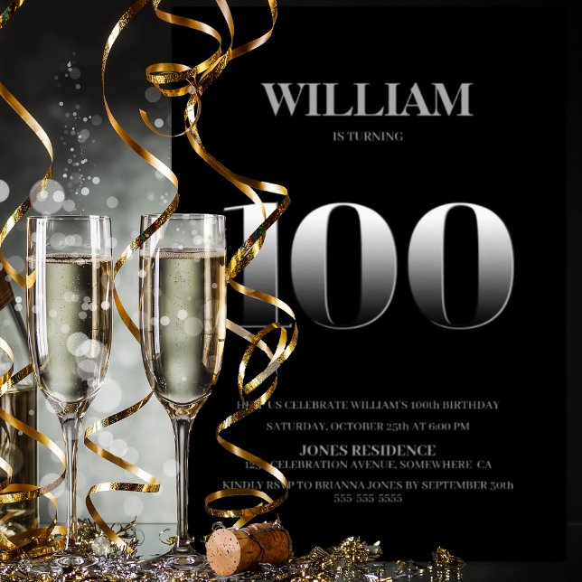 Invitación Fiesta de cumpleaños número 100 entre negro y plat (Subido por el creador)