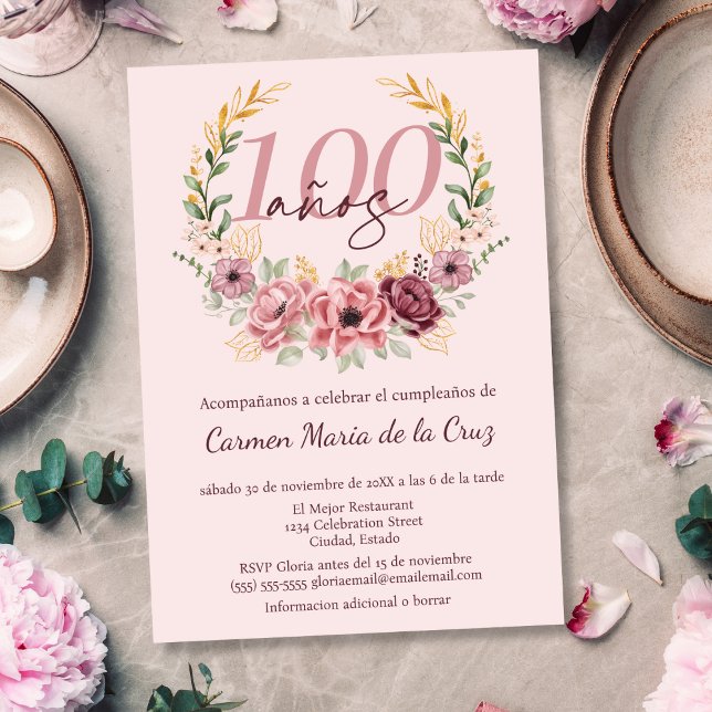 Invitación Fiesta de Cumpleaños número 100 Floral Elegante Ro (Subido por el creador)