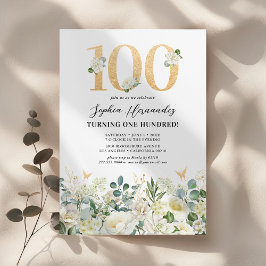 Invitación Fiesta de cumpleaños número 100 floral verde y bla