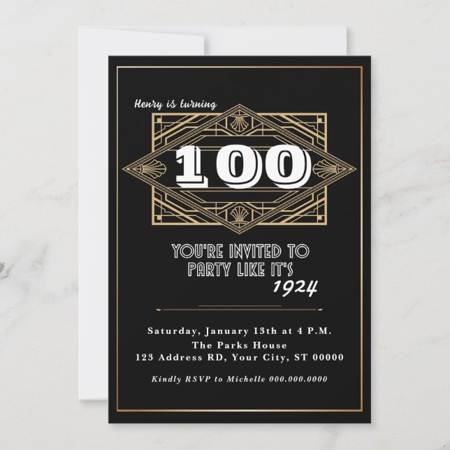 Invitación Fiesta de cumpleaños número 100, Gran Gatsby, Art  (Anverso)