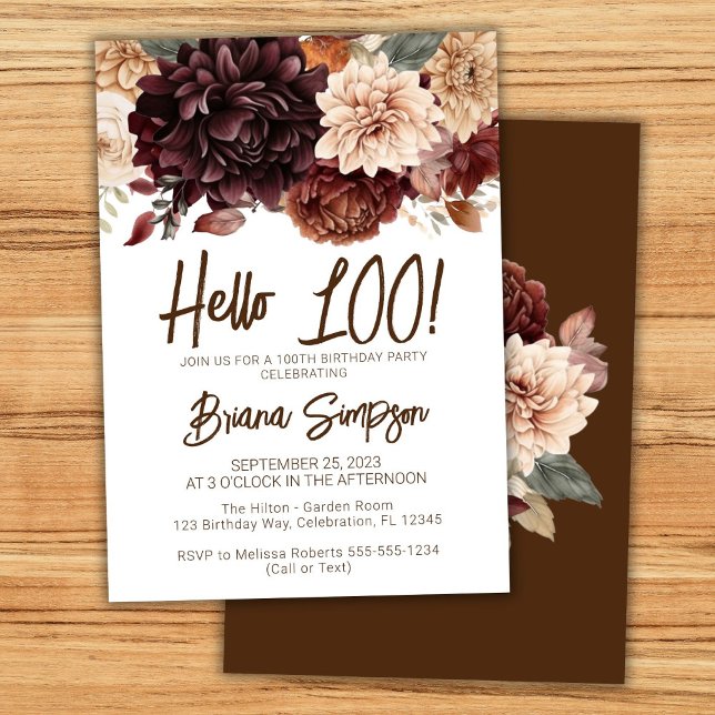 Invitación Fiesta de cumpleaños número 100 marrón beige flore (Subido por el creador)