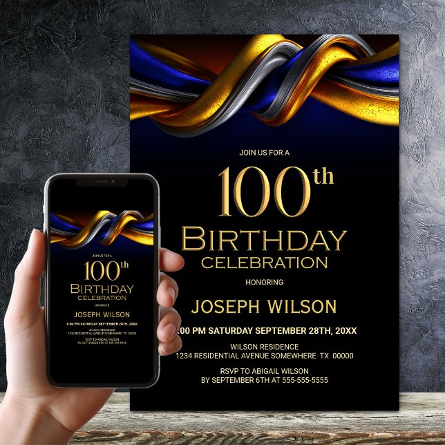Invitación Fiesta de cumpleaños número 100 moderna azul y dor (Subido por el creador)