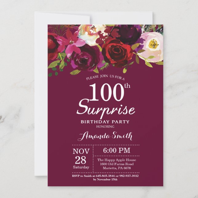 Invitación Fiesta de cumpleaños número 100 para la sorpresa f (Anverso)