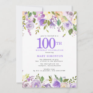 Invitación Fiesta de cumpleaños número 100 Pretty Purple Flor