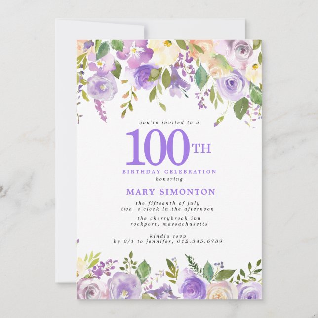 Invitación Fiesta de cumpleaños número 100 Pretty Purple Flor (Anverso)
