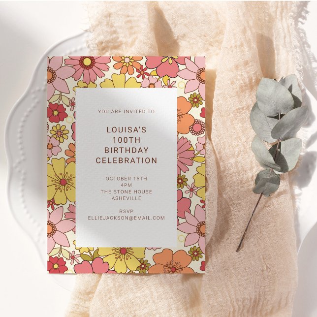 Invitación Fiesta de cumpleaños número 100 Retro Boho Rosa Am (Subido por el creador)