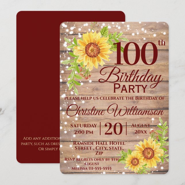 Invitación Fiesta de cumpleaños número 100 Rustic Floral Gira (Anverso / Reverso)