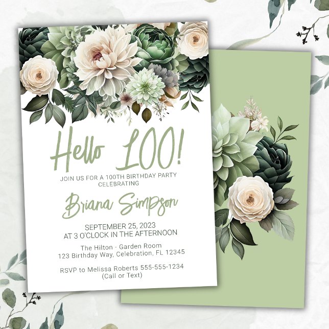 Invitación Fiesta de cumpleaños número 100 Sage Green Floral (Subido por el creador)