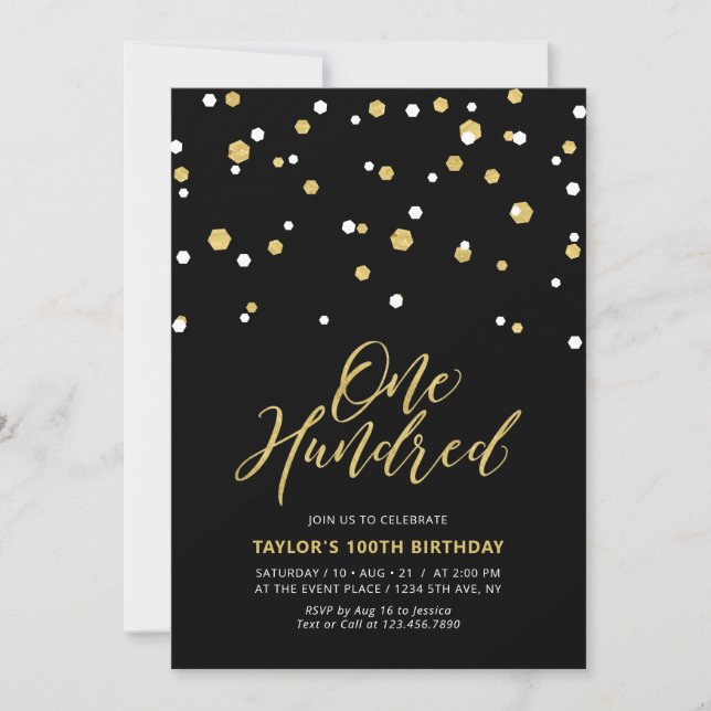 Invitación Fiesta de Cumpleaños número 100 Simple Black & Gol (Anverso)