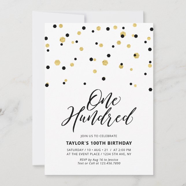 Invitación Fiesta de cumpleaños número 100 simple negro y dor (Anverso)