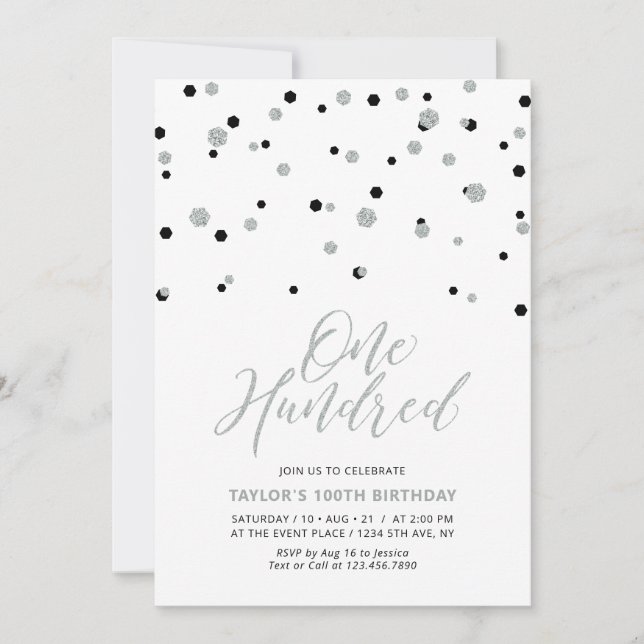 Invitación Fiesta de cumpleaños número 100 simple negro y pla (Anverso)