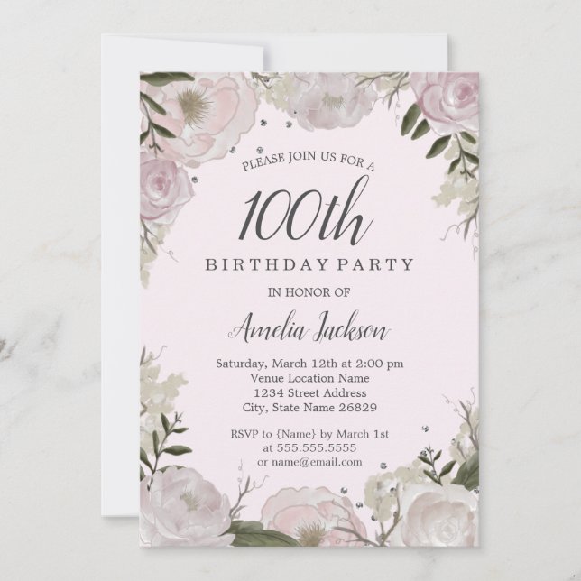 Invitación Fiesta de cumpleaños número 100 Sparkle Pink Flora (Anverso)