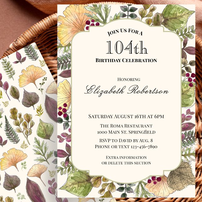 Invitación Fiesta de cumpleaños número 104 con hojas de otoño (Subido por el creador)