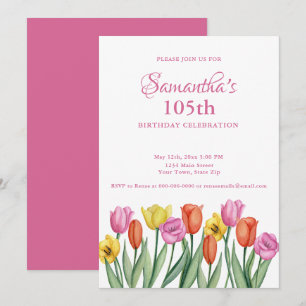 Invitación Fiesta de cumpleaños número 105 con tulipanes acua