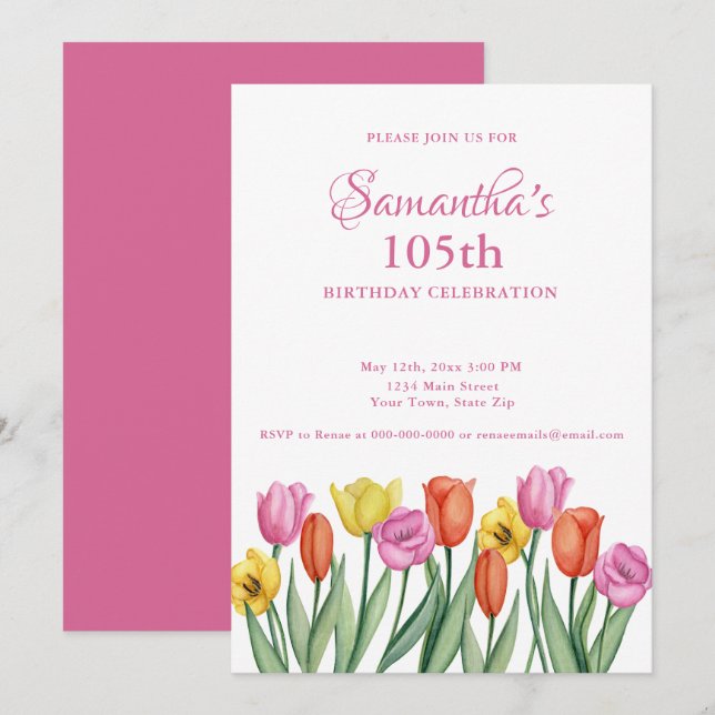 Invitación Fiesta de cumpleaños número 105 con tulipanes acua (Anverso / Reverso)