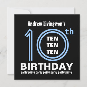 Invitación Fiesta de cumpleaños número 10: Azul moderno y neg