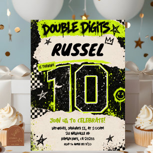 Invitación Fiesta de cumpleaños número 10 Black Neon Green Gr