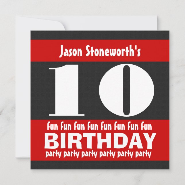 Invitación Fiesta de cumpleaños número 10 Blanco Rojo Negro W (Anverso)